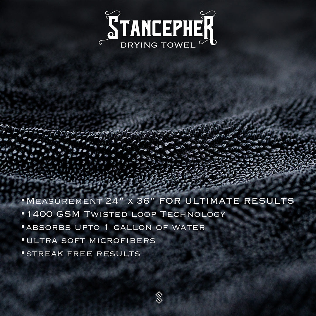 STANCEPHER Twisted Loop Drying Towel - Ultra Absorbent 1400GSM Microfiber Drying Towel 24" x 36" - Streak Free Car Drying Towel